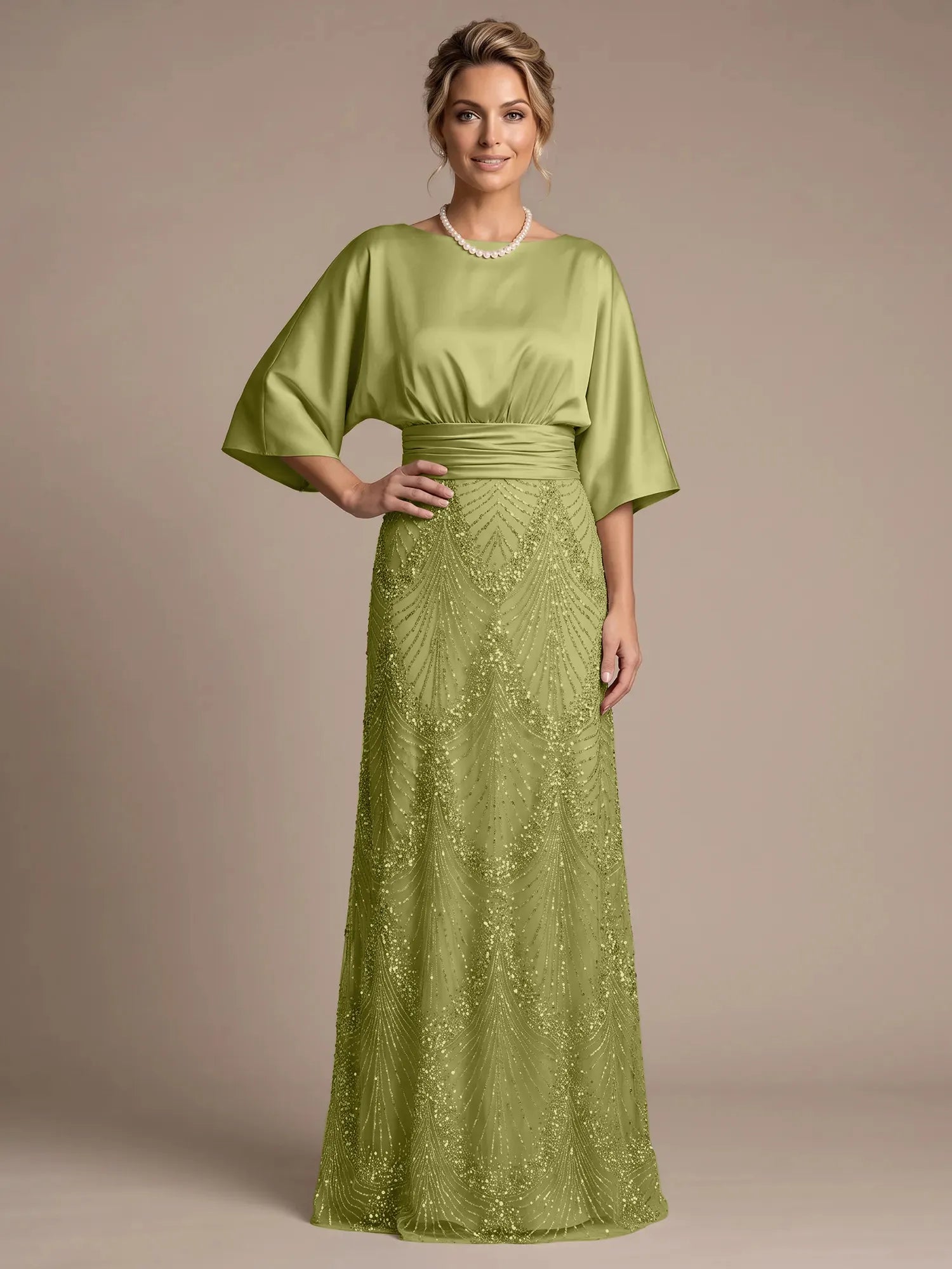 Bateau Neck Satin Evening Gown with 3/4 Batwing Sleeves Mother of The Bride Dresses