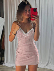 Light Pink Beaded V Neck Corset Bodice Homecoming Dress