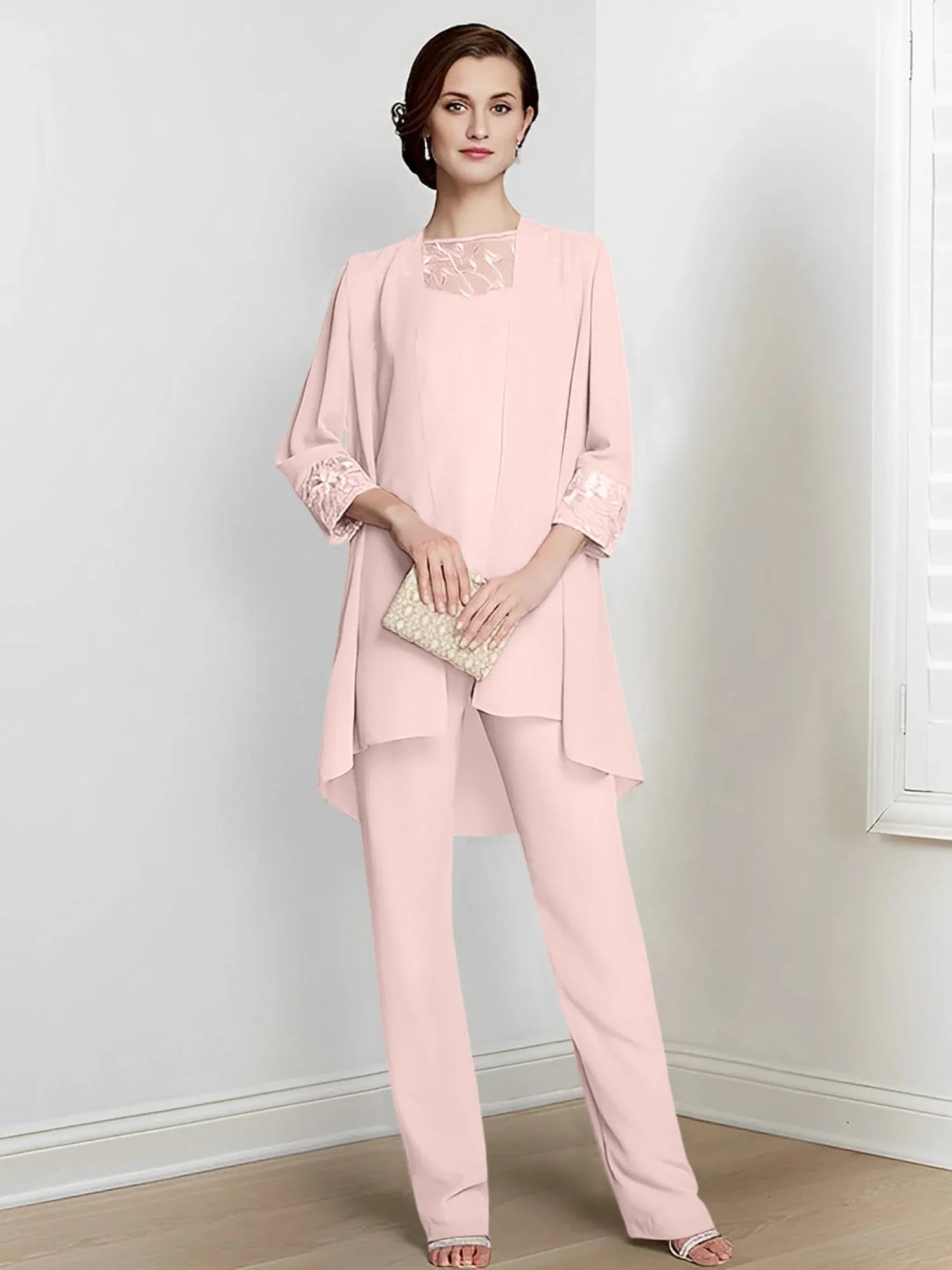 Tailleur-pantalon en mousseline à manches longues pour mère de la mariée avec veste 