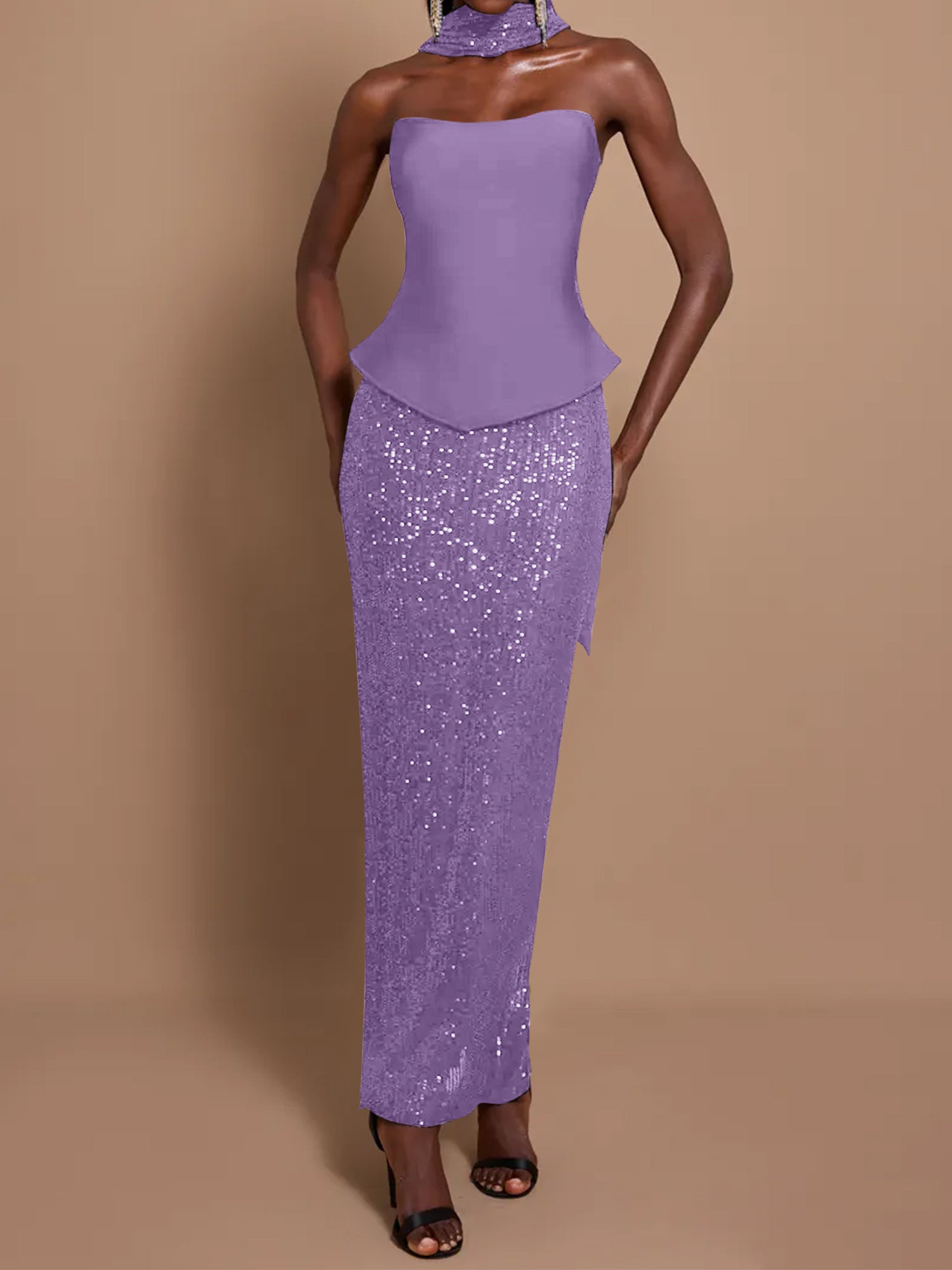 Off-Shoulder Bandage Top & Sequin Midi Skirt Set