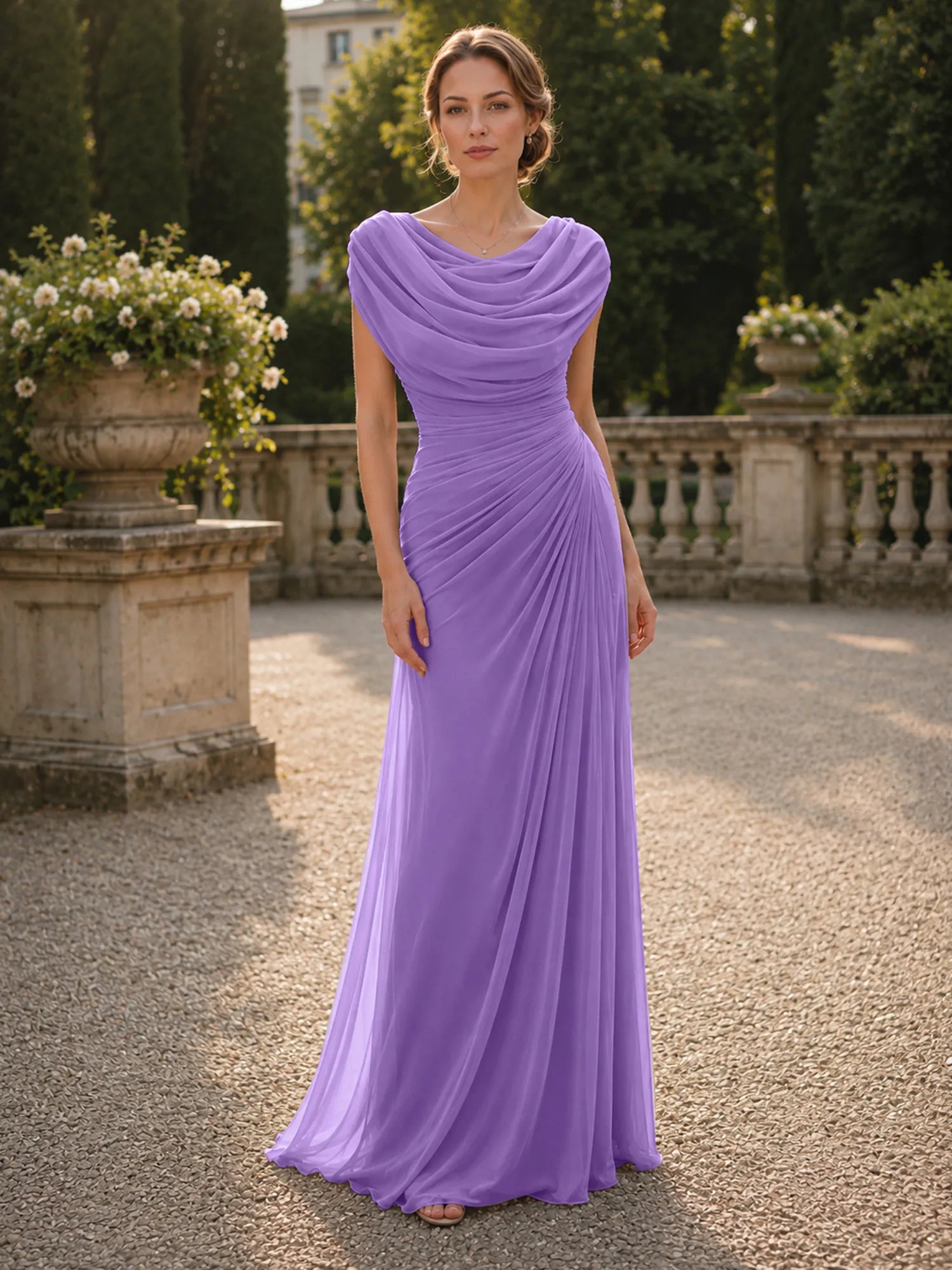 Cowl Neck Mermaid Evening Dresses with Flowing Floor-Length Skirt