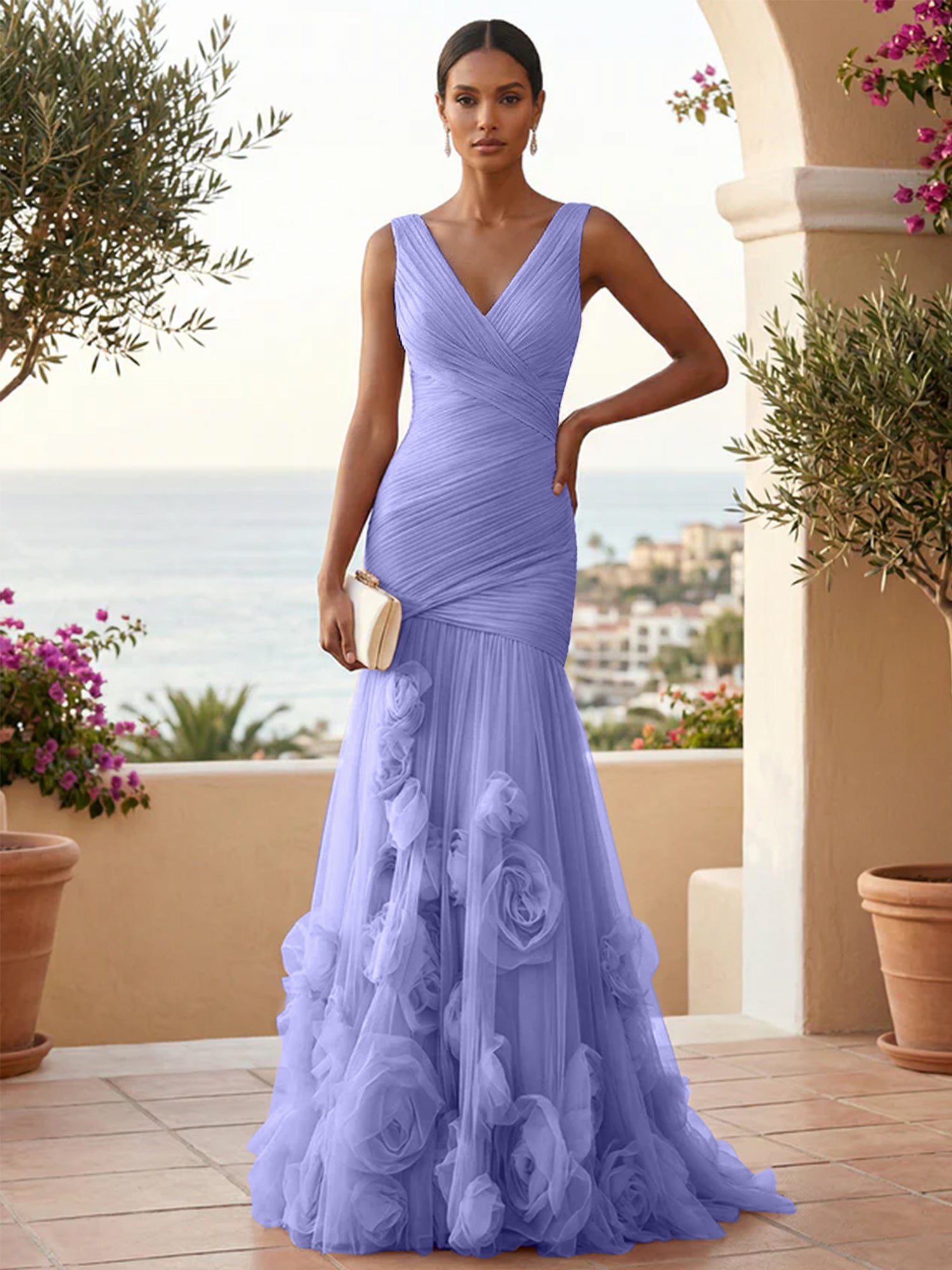 Sweetheart Tulle V Neck Pleat Mermaid Evening Dresses with 3D Flower
