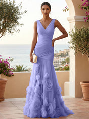Sweetheart Tulle V Neck Pleat Mermaid Evening Dresses with 3D Flower