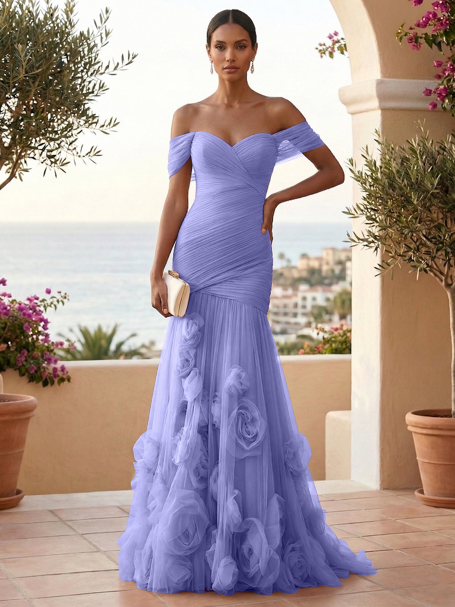 Sweetheart Tulle Off the Shoulder Pleat Mermaid Evening Dresses with 3D Flower