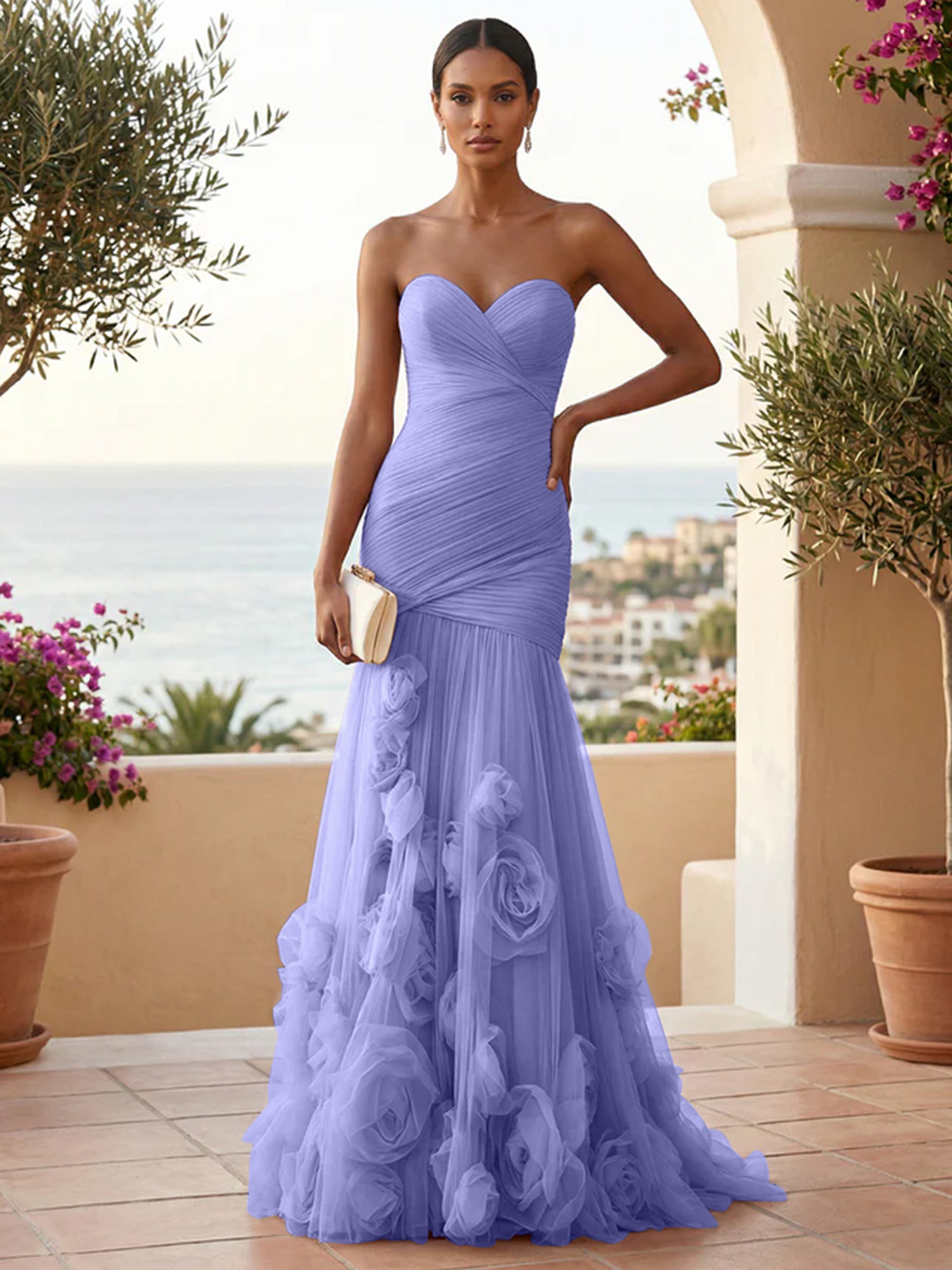 Sweetheart Tulle Pleat Mermaid Evening Dresses with 3D Flower