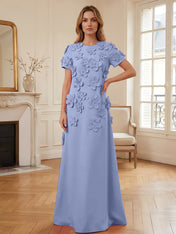Short Sleeve Crew Neck A-Line Gown with 3D Floral Appliques Evening Dresses