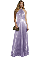 Luxurious Champagne-Gold Pleated Halter Long Prom Dress