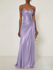 Evening Formal Dress V Neck Silver Silk Ruffles Strapless Maxi Dress