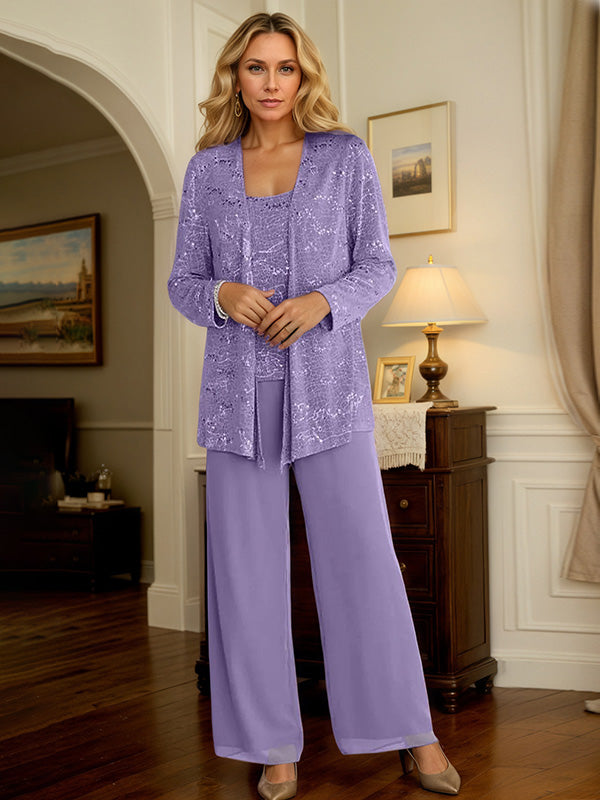 Chiffon Mother of the Bride Pantsuits with Jacket & Sequins