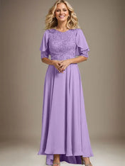 A-line Scoop Illusion Asymmetrical Chiffon Lace Mother of the Bride Dress With Beading