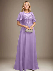 A-line Scoop Illusion Floor-Length Lace Chiffon Mother of the Bride Dress With Sequins