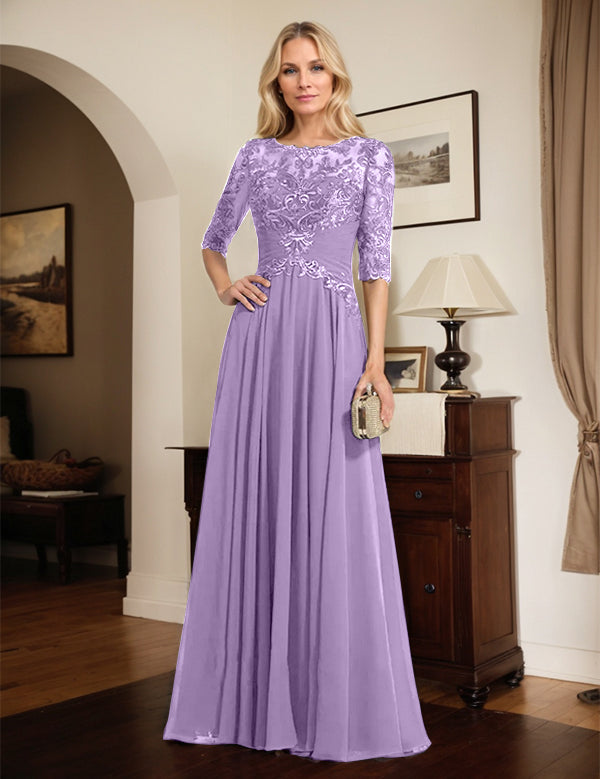 Robe de mère de la mariée trapèze en mousseline de soie et dentelle, longueur au sol, avec décolleté en V et sequins plissés 