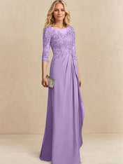 A-line Scoop Illusion Floor-Length Chiffon Lace Mother of the Bride Dress With Beading Sequins Cascading Ruffles