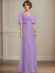 A-line V-Neck Floor-Length Chiffon Mother of the Bride Dress With Pleated Sequins Appliques Lace