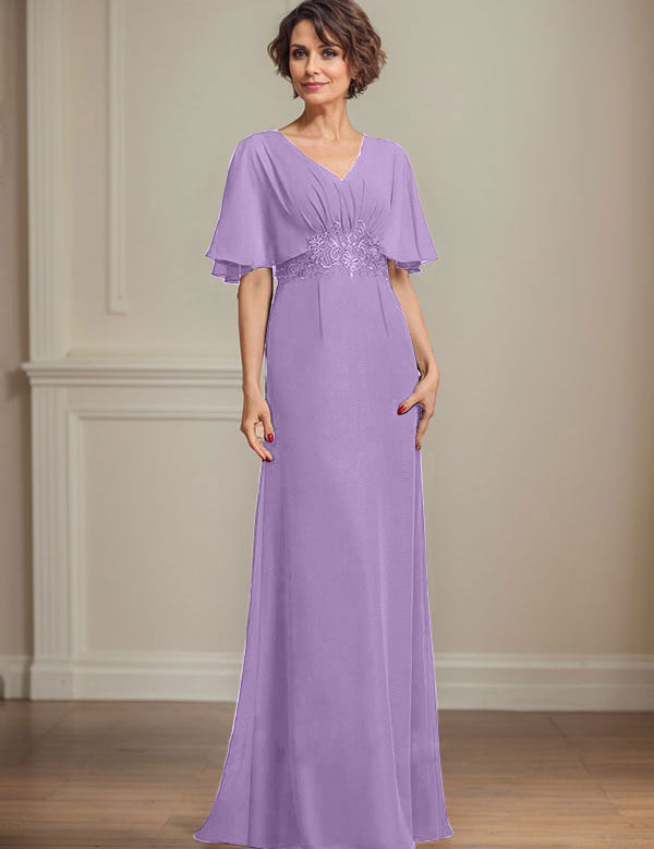 A-line V-Neck Floor-Length Chiffon Mother of the Bride Dress With Pleated Sequins Appliques Lace