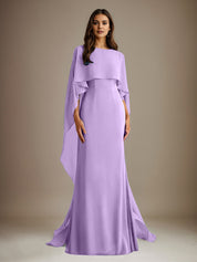 Robe de mère de la mariée en mousseline, coupe fourreau/colonne, col bateau, longueur ras du sol, avec volants en cascade 
