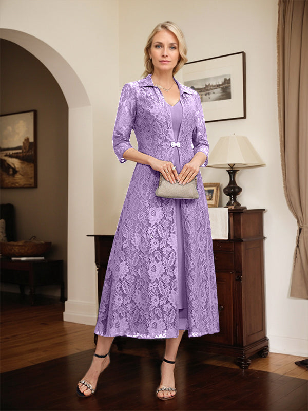 A-line V-Neck Tea-Length Chiffon Mother of the Bride Dress