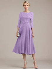 A-line Scoop Tea-Length Lace Chiffon Mother of the Bride Dress
