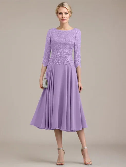 A-line Scoop Tea-Length Lace Chiffon Mother of the Bride Dress