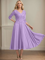 A-line V-Neck Tea-Length Chiffon Lace Mother of the Bride Dress With Beading Sequins