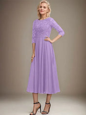 A-line Scoop Tea-Length Lace Chiffon Mother of the Bride Dress With Sequins