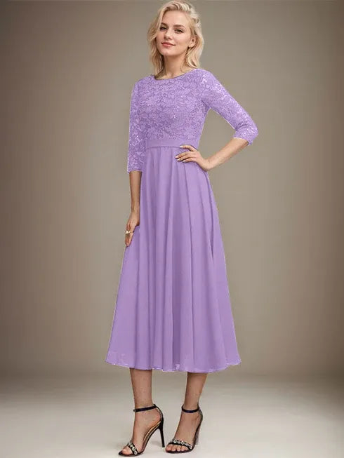 A-line Scoop Tea-Length Lace Chiffon Mother of the Bride Dress With Sequins