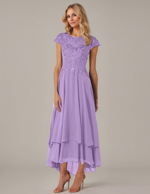 A-line Boat Neck Illusion Asymmetrical Chiffon Lace Mother of the Bride Dress With Applique Pleats