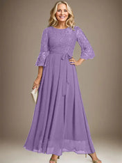 A-line Scoop Ankle-Length Lace Chiffon Mother of the Bride Dress With Bow