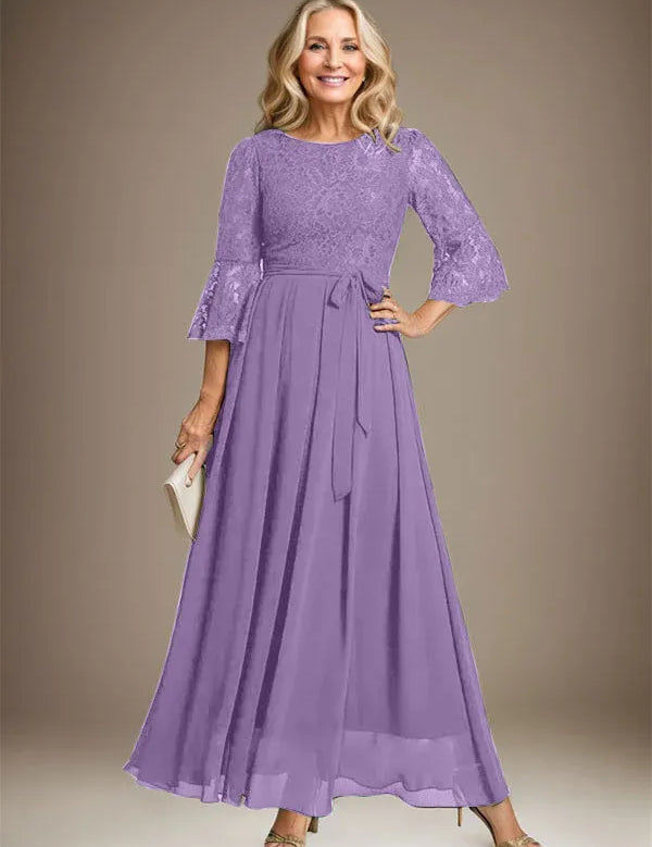 A-line Scoop Ankle-Length Lace Chiffon Mother of the Bride Dress With Bow