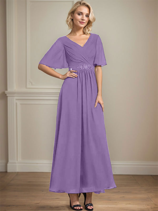 A-line V-Neck Ankle-Length Chiffon Mother of the Bride Dress With Pleated Beading Sequins