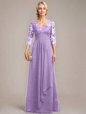 A-line V-Neck Floor-Length Lace Chiffon Mother of the Bride Dress With Cascading Ruffles Sequins