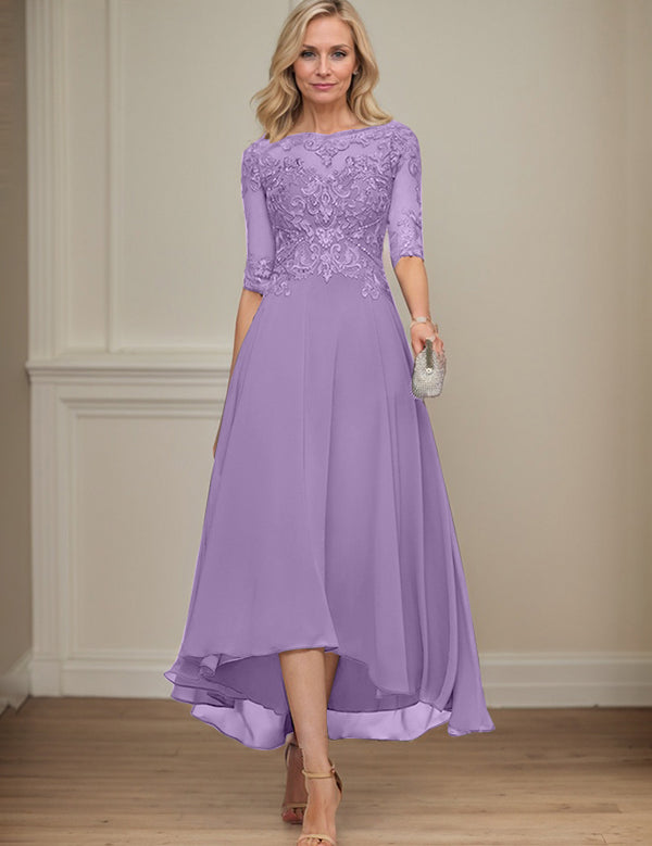 A-line Boat Neck Illusion Asymmetrical Chiffon Lace Mother of the Bride Dress With Sequins Beading