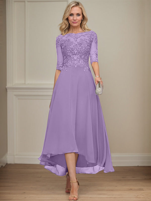 A-line Boat Neck Illusion Asymmetrical Chiffon Lace Mother of the Bride Dress With Sequins Beading