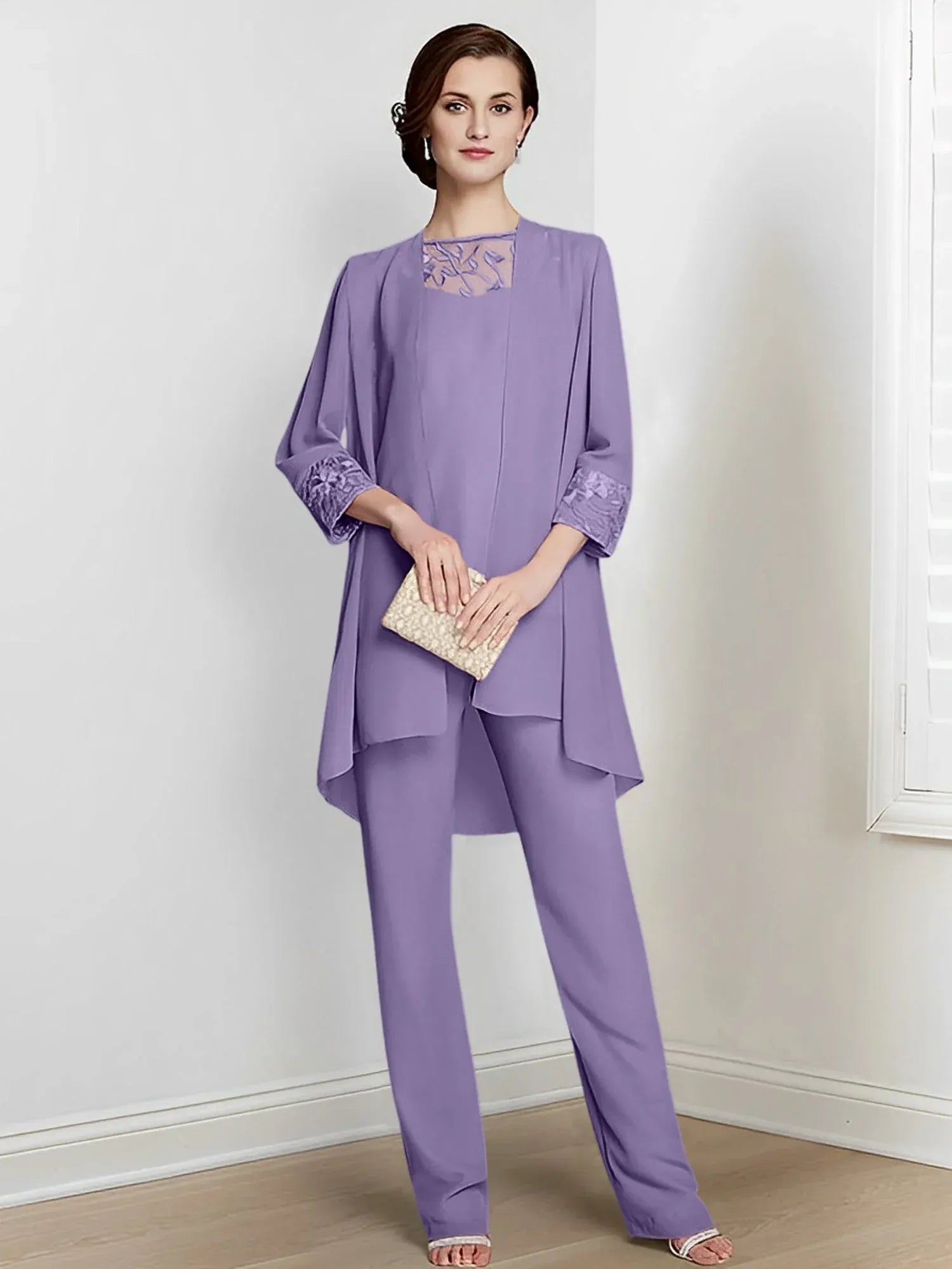 Tailleur-pantalon en mousseline à manches longues pour mère de la mariée avec veste 