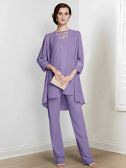 Tailleur-pantalon en mousseline à manches longues pour mère de la mariée avec veste 