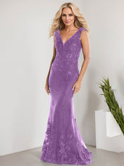 A-line V-Neck Floor-Length Lace Chiffon Mother of the Bride Dress With Applique Sequins Mermaid Dresses