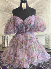 Light Purple A-Line Off The Shoulder Short Tulle Print Homecoming Dress