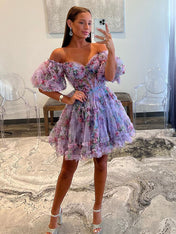 Light Purple A-Line Off The Shoulder Short Tulle Print Homecoming Dress