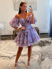 Light Purple A-Line Off The Shoulder Short Tulle Print Homecoming Dress