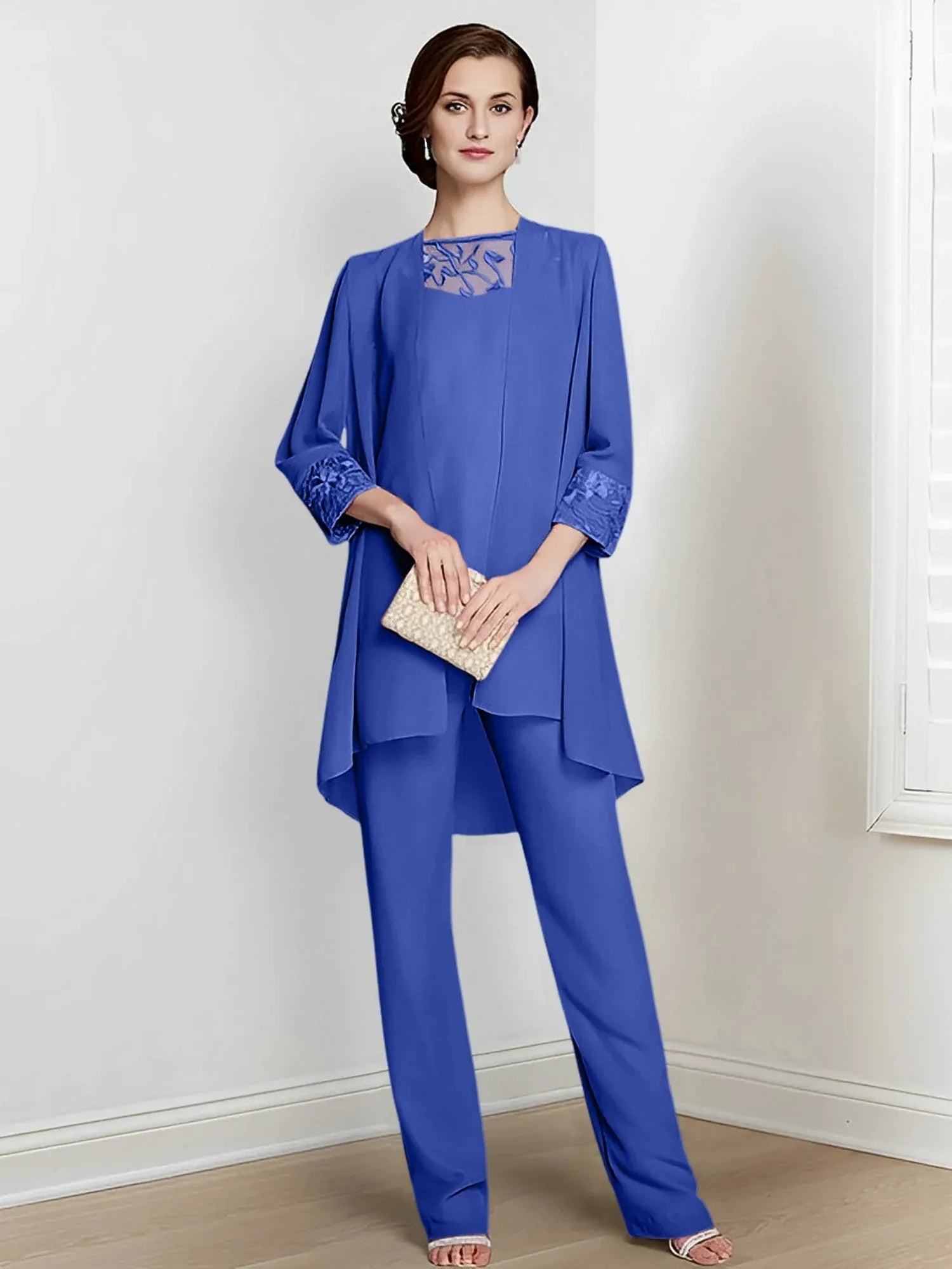 Tailleur-pantalon en mousseline à manches longues pour mère de la mariée avec veste 
