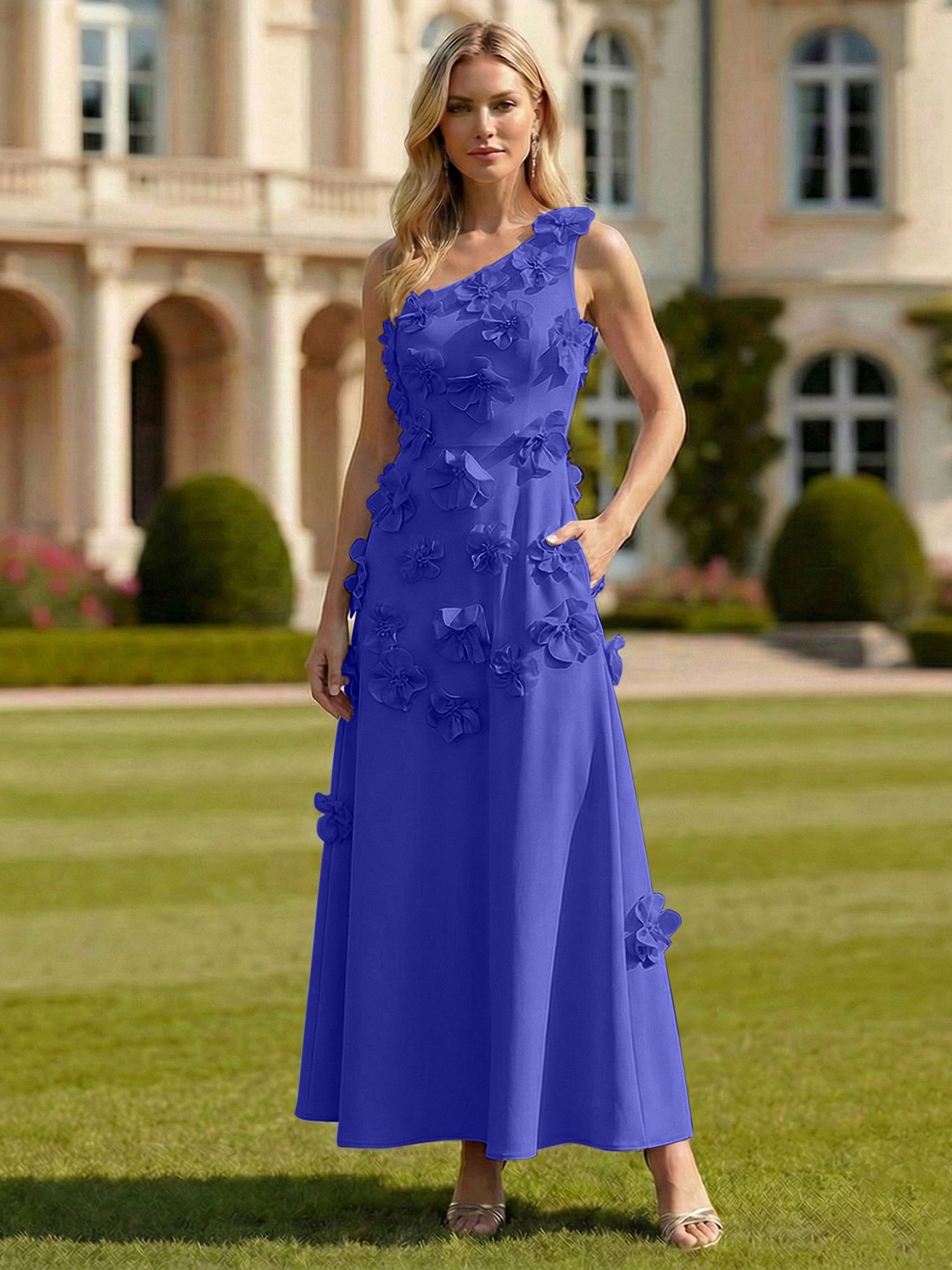 A Line One Shoulder Sleeveless Floor Length Stretch Crepe Dress With 3D Flowers