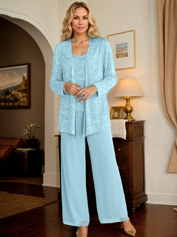 Chiffon Mother of the Bride Pantsuits with Jacket & Sequins