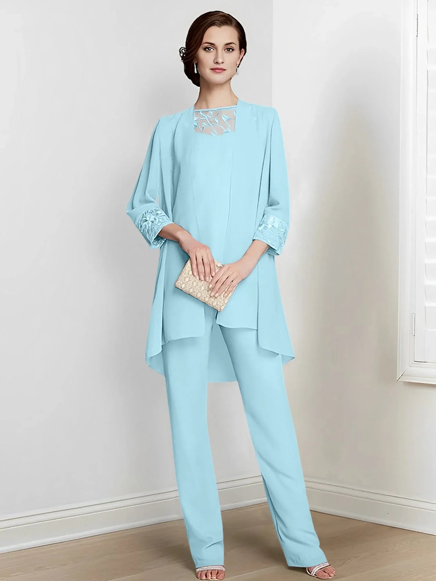 Tailleur-pantalon en mousseline à manches longues pour mère de la mariée avec veste 