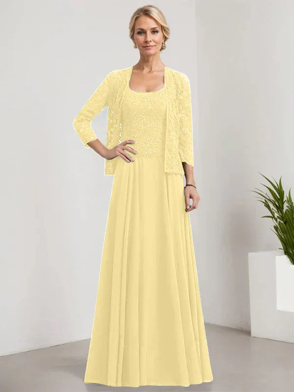A-line Square Floor-Length Lace Chiffon Mother of the Bride Dress With Sequins