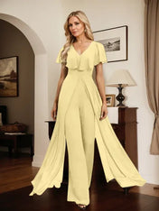 Jumpsuit/Pantsuit V-Neck Floor-Length Chiffon Evening Dress
