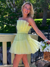 Light Yellow Strapless A-Line Tulle Homecoming Dress