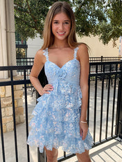Liight Blue Rosette Sequin Baby Doll Short Homecoming Party Dress