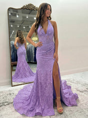 Black Mermaid Lace Halter Long Prom Dress with Slit