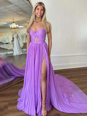 Lilac A Line Pleated Strapless Long Prom Dress with Slit