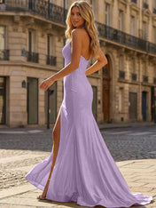 Yellow Beaded Halter Corset Prom Dress with High Slit